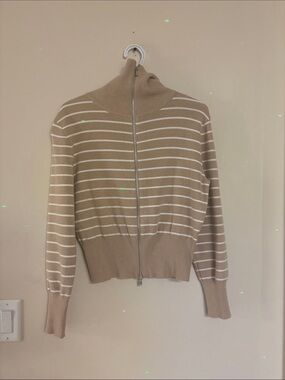 Beige and White Striped Zip-Up Turtleneck Sweater